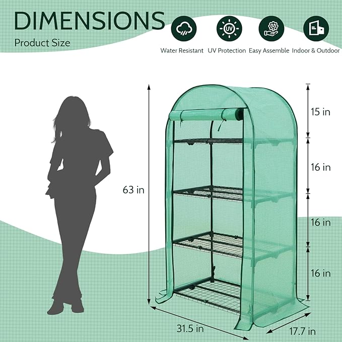 EAGLE PEAK 4-Tier Mini Greenhouse Portable Green House with Shelves & Weather-Resistant PE Cover, Small Greenhouse for Seedlings & Gardening Gifts, 32x18x63 in, Clear/Green