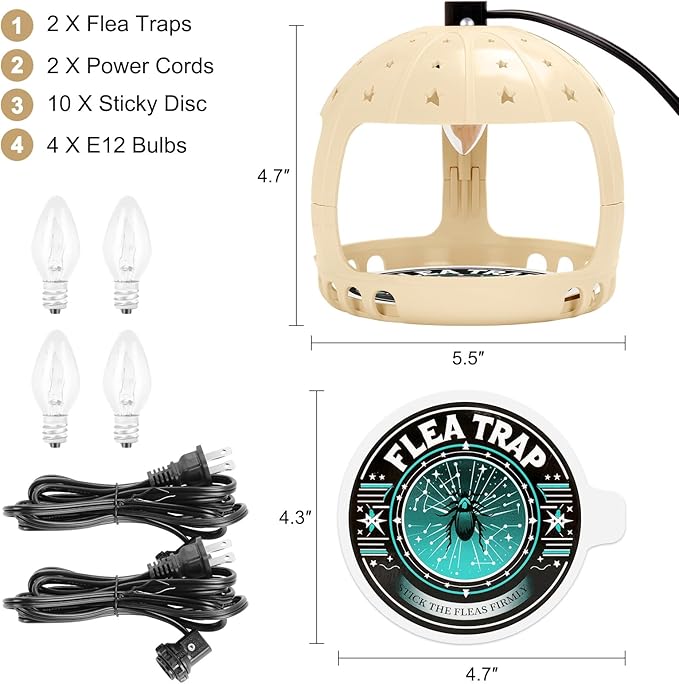 Flea Traps for Inside Your Home, 2025 Flea Treatment for Home, Electric Flea Killer for House Indoor, 2 Packs Flea Light Traps w/ E12 Bulbs & 10 Sticky Discs