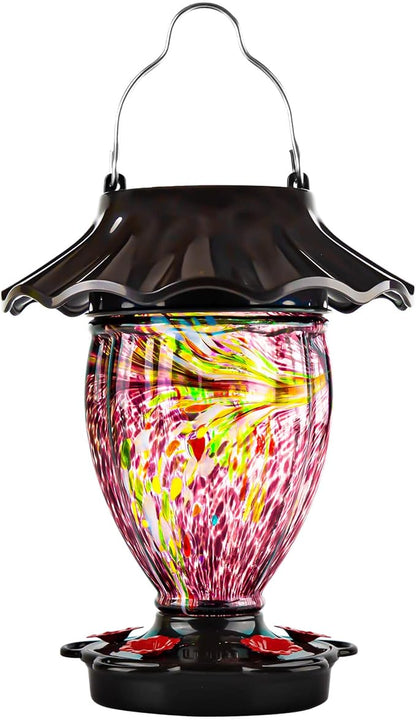 LUJII Solar Powered Hummingbird Feeder for Outside Hanging, Trophy Shaped Hand Blown Glass, Weatherproof, Lighted Lantern for Garden Decor, 32 fl.oz, Never Leak, Unique Gift for Bird Lover(Purple)