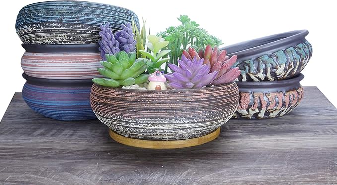 ARTKETTY Succulent Pots, 8 Inch Large Succulent Planters with Drainage Ceramic Bonsai Pot with Tray for Indoor Outdoor Plants Garden Decorative Cactus Flower Plant Container Bowl