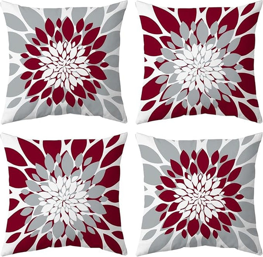 Qahing Pack of 4 Outdoor Waterproof Pillow Covers 24x24 Decorative Outdoor Throw Pillows Garden Square Cushion Cases for Patio Furniture, Couch, Tent Sunbrella, Bench, Burgundy Red Grey