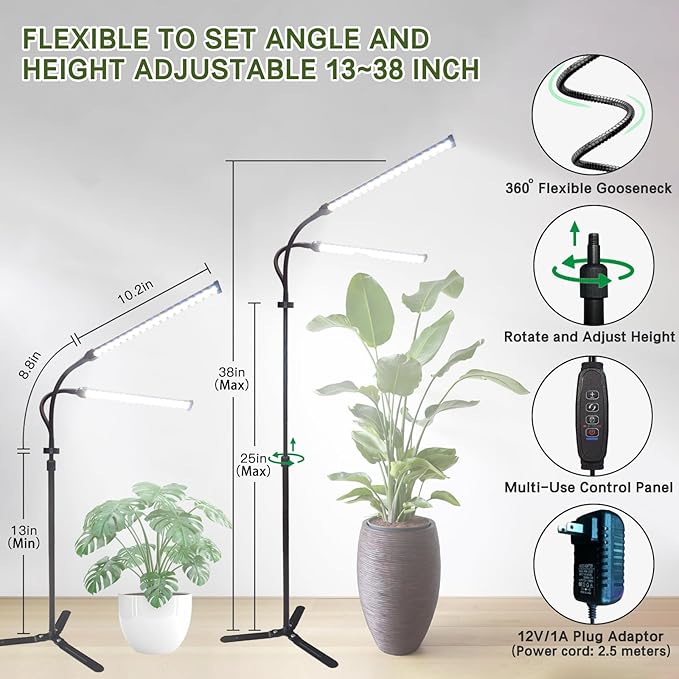 2025 Professional Grow Lights for Indoor Plants Growing, 126 LEDs 6000K Full Spectrum Plant Grow Lights Indoor, Height Adjustable (13-38''), 3 Spectrum Modes + 10 Dimming with 4/8/12/18H Timer