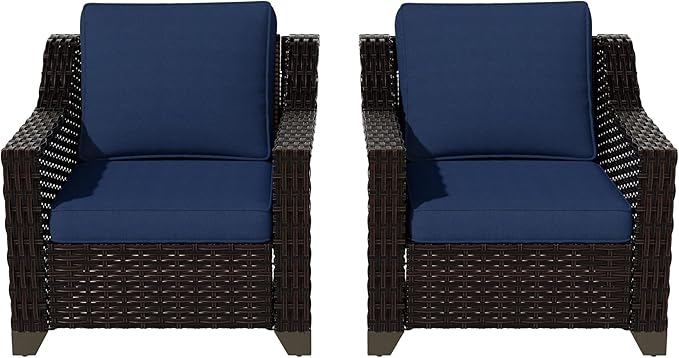 Vista Vibe 2 Pieces Outdoor Armchairs, Patio Conversation Furniture Set, Washable Cushions, Luxurious Hand-Woven PE Rattan, Garden, Bistro, Deck, Backyard (Brown/Navy)