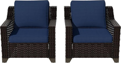 Vista Vibe 2 Pieces Outdoor Armchairs, Patio Conversation Furniture Set, Washable Cushions, Luxurious Hand-Woven PE Rattan, Garden, Bistro, Deck, Backyard (Brown/Navy)