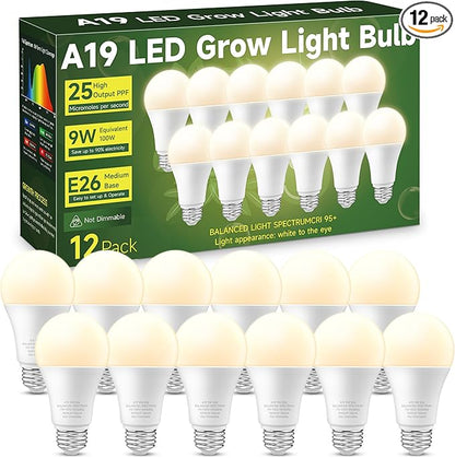 Grow Light Bulbs, Full Spectrum Light Bulb, A19 Grow Light Bulb, Plant Light Bulbs E26 Base, 9W Plant Grow Light Bulbs 100W Equivalent, Grow Light for Indoor Plants, Seeds, Flowers, 12 Pack