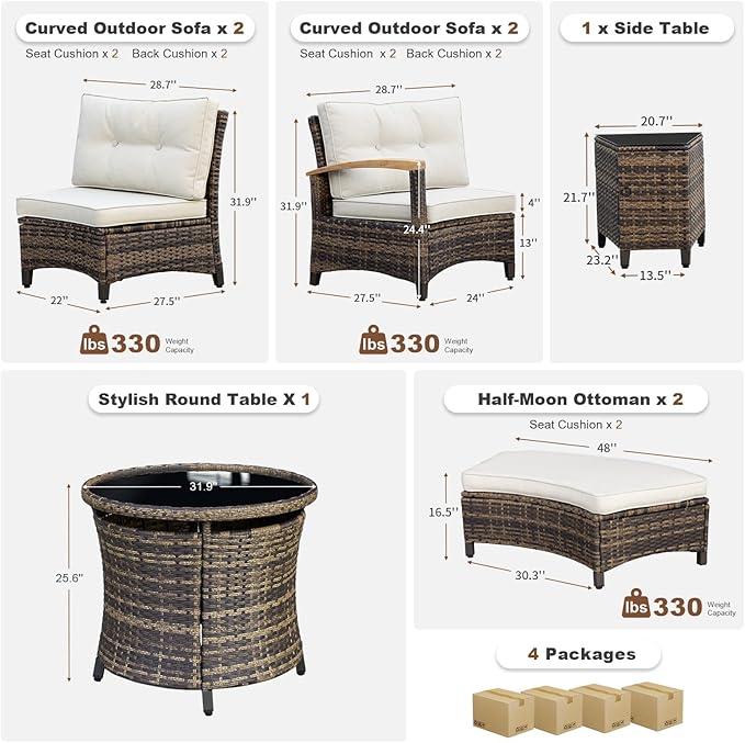 MEISSALIVVE 8 Piece Outdoor Patio Furniture Set, Half-Moon Curved Sectional Set with Wood Armrests, Patio Conversation Set, 2 Half-Moon Ottomans, Round Table & Side Table (Brown)
