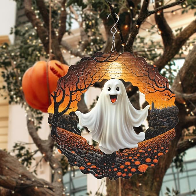 Hanging Wind Spinner Halloween Decor 10 Inch 3D Stainless Wind Spinner for Hanging Outdoor Holidays White Ghost Wind Spinners for All Saints' Day Room Party Garden Decor Outside