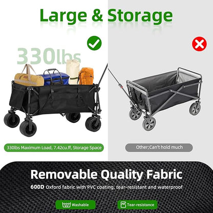 TOMSHOO Wagons Cart 120L Collapsible Wagon 330lbs Load Universal Wheels Wagons Carts Foldable with Cup Holders, Side Pocket and Brakes for Camping, Garden, Sports, Beach, Shopping, Black