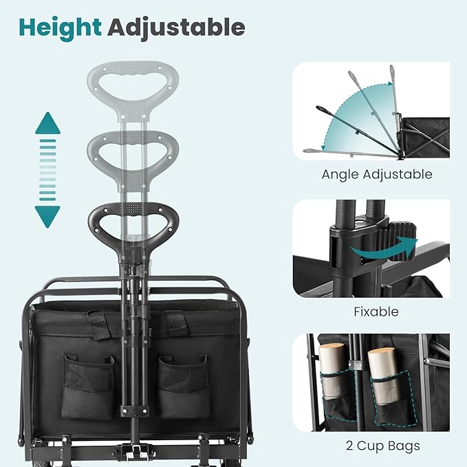 OLIXIS Heavy Duty Wagon Cart, 360 lbs Foldable Large Collapsible Wagons Carts with Wheels Smooth Maneuverability for All-Terrain, Suitable for Gardening, Camping, Beach - Black