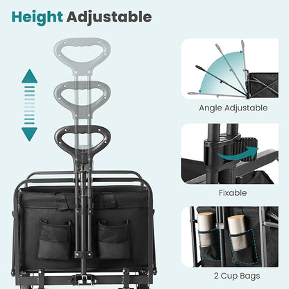 OLIXIS Heavy Duty Wagon Cart, 360 lbs Foldable Large Collapsible Wagons Carts with Wheels Smooth Maneuverability for All-Terrain, Suitable for Gardening, Camping, Beach - Black