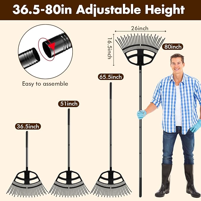 2 in 1 Garden Leaf Rake & Leaf Scoops, Adjustable Leaf Rake for Lawns with Grabber, Hand Rakes for Picking Up Leaves,Pine Needles, Gravel