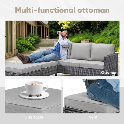 Wicker Patio Furniture Set, 6 PCS Outdoor Patio Furniture Set with Swivel Chairs, Includes 2 Swivel Patio Chairs, 1 Outdoor Couch, 1Side Table and 2 Ottoman, Grey/Grey