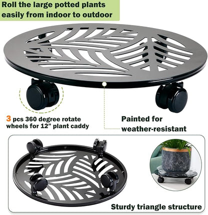 3 Packs Large Metal Plant Caddy with PU Wheels 13.6" Heavy-duty Wrought Iron Rolling Plant Stands Indoor Outdoor Wheeled Plant Dolly Planter Mover Rollers Plant, Leaf Style