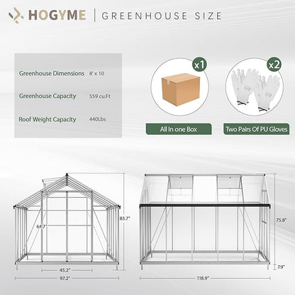 8x10 FT Greenhouse for Outdoors, Polycarbonate Green House with Quick Assembly Structure and Roof Vent, Large Aluminum Walk-in Green House for Outside Garden Backyard, Silver