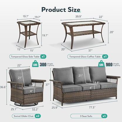 5 Pieces Wicker Patio Furniture Set - Hollow Widen Armrests Outdoor Swivel Glider Chairs and 3 Seat Sofa with Coffee Table & Side Table for Balcony Porch Deck and Yard - Brown/Gray