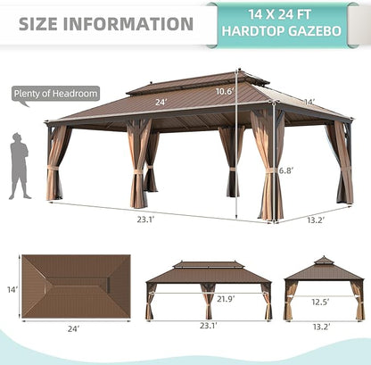 MELLCOM 14' x 24' Hardtop Gazebo,Galvanized Steel Metal Double Roof with Curtain and Netting,Brown Permanent Pavilion Gazebos with Aluminum Frame for Patios,Gardens,Lawns