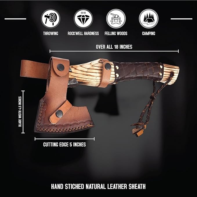 Viking Axe Ashwood Handle Handmade Carbon Steel Blade, Outdoor Camping Hunting, Norse Hatchets Axes, with Leather Wrapped Handle & Leather Sheath Wood Splitting Axes