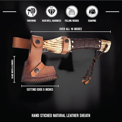 Viking Axe Ashwood Handle Handmade Carbon Steel Blade, Outdoor Camping Hunting, Norse Hatchets Axes, with Leather Wrapped Handle & Leather Sheath Wood Splitting Axes