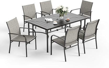 Patio Dining Set for 6, 64" Rectangular Metal Dining Table with Umbrella Hole and 6 Chairs, Outdoor Table and Chairs Set for Lawn Garden Backyard and Deck, Brown