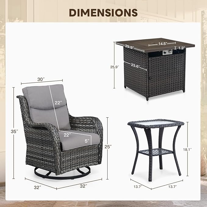 Patio Luxury Conversation Set 6PCS Resin Wicker Swivel Chairs Set, 4 Swivel Patio Chairs with Rattan Side Table and 30in Square Wicker Fire Table Set Brown Wicker|Grey Cushions