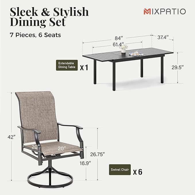 7 Pieces Patio Dining Set, Outdoor Table and Chairs, 6 x Textilene Swivel Dining Chairs and 61" Expandable Patio Dining Table, for Cozy Garden Settings, Grayish Brown