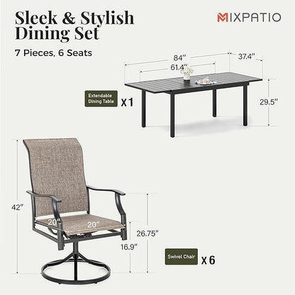 7 Pieces Patio Dining Set, Outdoor Table and Chairs, 6 x Textilene Swivel Dining Chairs and 61" Expandable Patio Dining Table, for Cozy Garden Settings, Grayish Brown