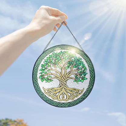 FLAGWIX Christmas Tree of Life Gifts for Women Men - Stained Glass Window Hanging 8 in - Xmas Birthday Gifts for Mom Grandma, Tree of Life Christmas Decorations Indoor, Celtic Suncatchers Garden Decor