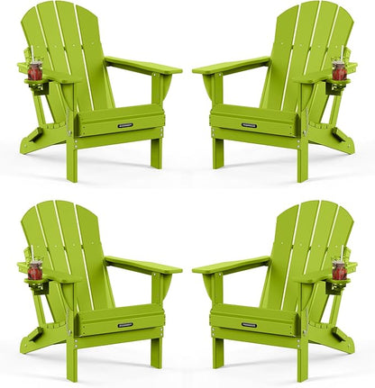 MUCHENGHY Folding Adirondack Chairs Set of 4, Patio Chairs, Lawn Chairs, Outdoor Chair, Adirondack Chair Plastic, Fire Pit, Weather Resistant with Cup Holder for Deck, Backyard, Garden(Lemon Green)