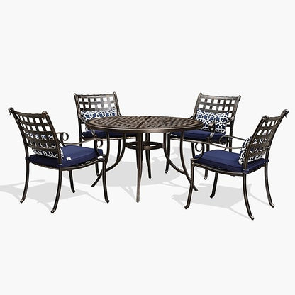 PURPLE LEAF 5 Pieces Patio Dining Set Cast Aluminum Patio Furniture with 4 Armchairs and 47" Round Table, Pillow Included, for Lawn Yard Garden Oudoor Dining Set, Navy Blue