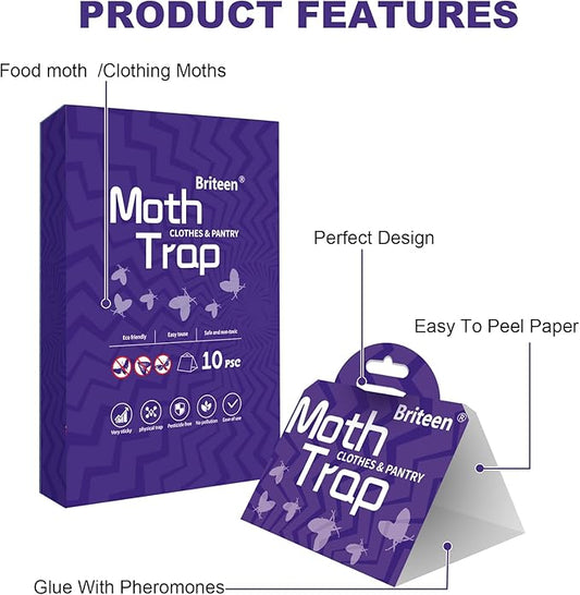 Pantry Moth Traps 10-Pack Safe and Effective for Food and Clothing- Glue Traps with Pheromones for Wool Closet Carpet Food and Cupboard K09