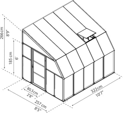 Palram Canopia Rion Sun Room 8 Ft. x 10 Ft. Solarium, Lean-to Greenhouse DIY Kit, Attach to House, Large Twin Wall Polycarbonate, 100% UV Protection for Porch, Patio Outdoors with Window Vent (White)