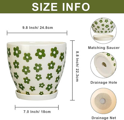 Ceramic Flower Pot - 10 Inch Plant Pot Indoor with Drainage Hole and Saucer, Boho Round Ceramic Planter for Indoor Outdoor Plants, Plant Lover Gifts, Home Garden House Decor, White
