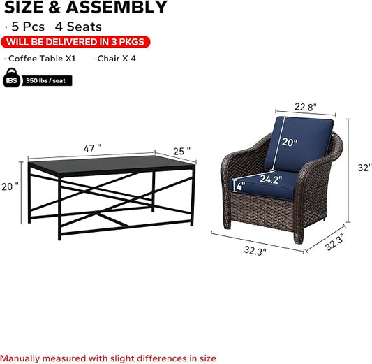 5 Pieces Outdoor Patio Conversation Furniture Set with Removable Covers, All-Weather PE Rattan, 4 Steel Frame Wicker Chairs with Cushions, 47" Metal Coffee Table for Yard (Navy Blue)