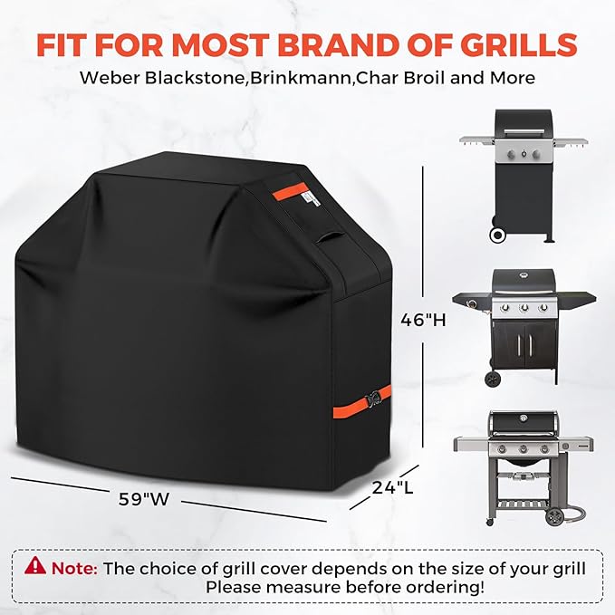 59Inch Heavy Duty Grill Cover for Outdoor Grill Thick Waterproof UV & Fade Resistant BBQ Cover with Adjustable Straps, Suitable for Weber,Black Stone, Charbroil etc, Black