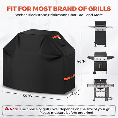 59Inch Heavy Duty Grill Cover for Outdoor Grill Thick Waterproof UV & Fade Resistant BBQ Cover with Adjustable Straps, Suitable for Weber,Black Stone, Charbroil etc, Black