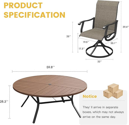 VICLLAX 9 Pieces Patio Dining Set for 8 Includes 60" Outdoor Round Table and 8 Patio Swivel Chairs for Lawn Garden, Walnut Tabletop and Mixed Brown Fabric