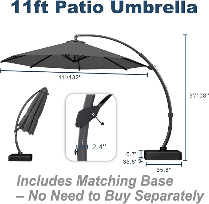 11FT Cantilever Umbrella with Base Large Curvy Outdoor Aluminum Offset Umbrella w/ 360° Rotation, UV Resistant Canopy for Patio, Garden, Backyard, Gray