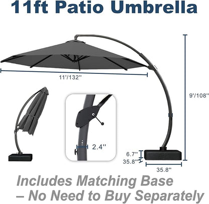 11FT Cantilever Umbrella with Base Large Curvy Outdoor Aluminum Offset Umbrella w/ 360° Rotation, UV Resistant Canopy for Patio, Garden, Backyard, Gray