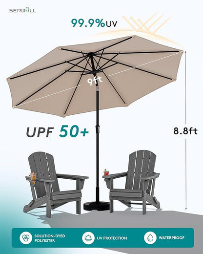 SERWALL Folding Adirondack Chair Set with 9 Ft Umbrella, Adjustable HDPE Adirondack Chair with 3 Recline Positions, Gray (Umbrella Base is not Included)
