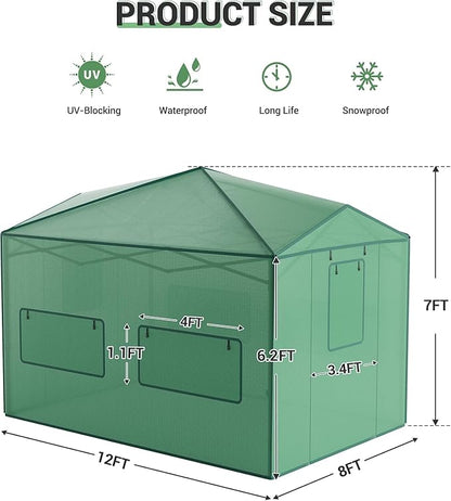 8x12FT Instant Pop-Up Walk-in Greenhouse, Plant Hot House with Galvanized Steel Frame, Green PE Cover, Roll-Up Zipper Door, Portable Large Plant Tent with Ground Pegs & Ropes for Stability