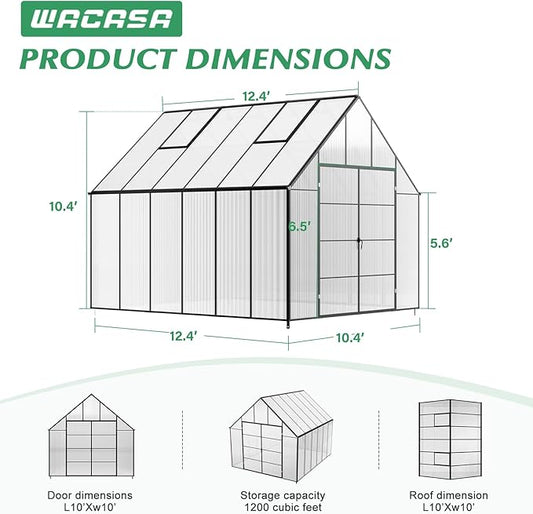 10x10x12 FT Heavy-Duty Greenhouse 2.0 with Polycarbonate Panels, Swing Door, Hinged Roof Vent, and Rain Gutters for Outdoor Use, Aluminum Black