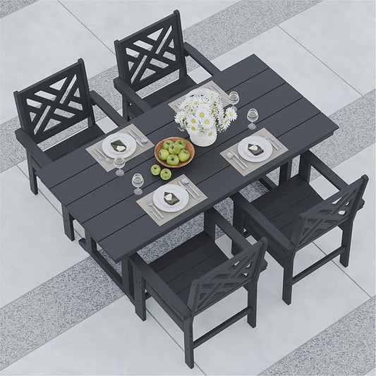 5-Piece Outdoor Dining Set, HDPE All-Weather Patio Table and Chairs Set for 4, Outdoor Patio Furniture Sets with Umbrella Hole for Outside, Deck, Backyard, Garden (Black)