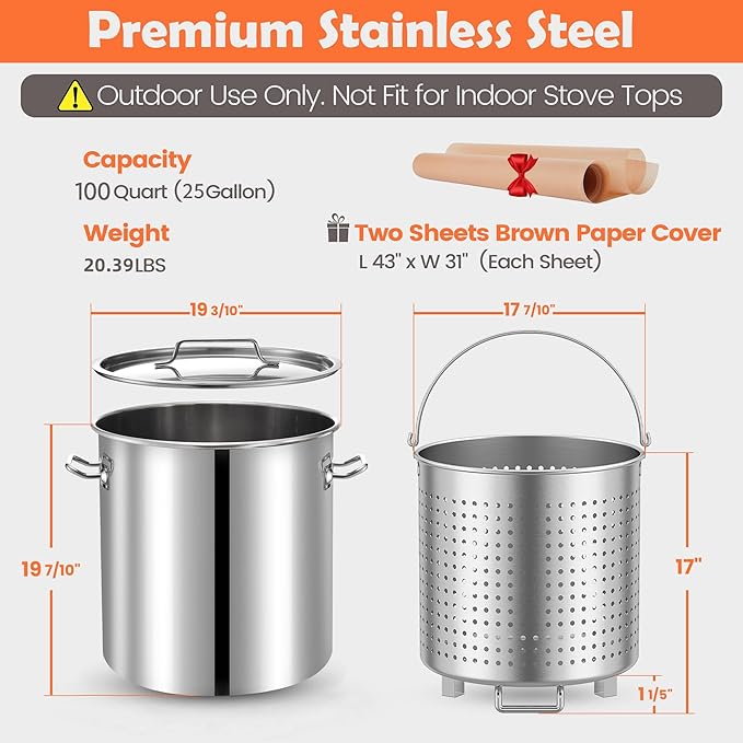 ARC 100QT Stainless Steel Seafood Boil Pot with 200,000BTU Propane Burner and 48" Large Spoon, w/Basket for Outdoor Deep Fryer, Large Cooking Pot for Turkey Fryer, Crab, Crawfish, Shrimp