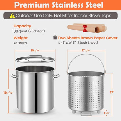 ARC 100QT Stainless Steel Seafood Boil Pot with 200,000BTU Propane Burner and 48" Large Spoon, w/Basket for Outdoor Deep Fryer, Large Cooking Pot for Turkey Fryer, Crab, Crawfish, Shrimp