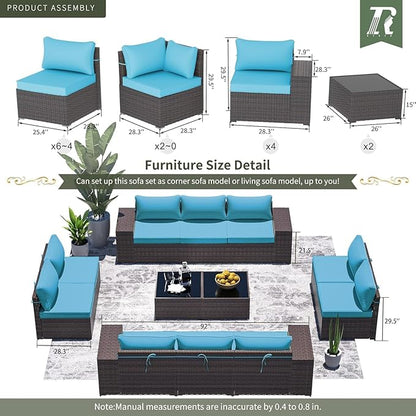 16 Pieces Outdoor Patio Furniture Set Outdoor Furniture Patio Sectional Sofa Conversation Sets w/ETL Approved 45" Gas Outdoor Fire Table & Coffee Table, Swivel Rocking Chair Turquoise.