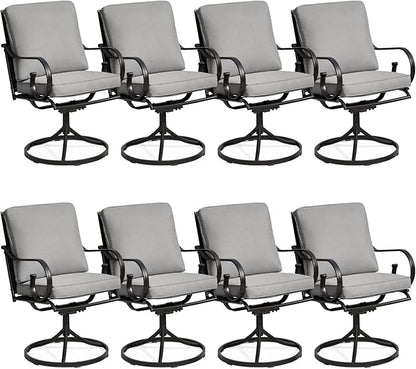 MELLCOM Patio Swivel Chair Set of 8, Heavy Duty Outdoor Dining Chairs with Thickened Cushions, Metal Patio Chairs Gentle Rocker for Outside, Garden Lawn & Porch, Backyard, Grey