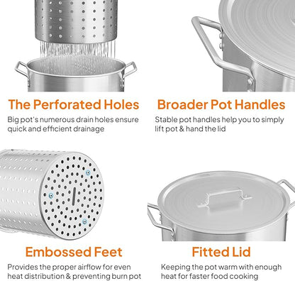 Bonnlo 30QT Aluminum Stock Pot for Boiling Seafood, Crawfish & Crab, Frying Turkey & Steaming Tamales, Large Boil Pot with Strainer Basket, Lid, Lifting Hook & Steamer Rack for Outdoor Cooking