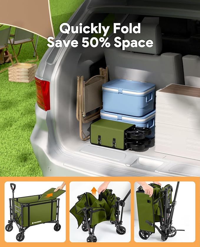 Collapsible Wagon Cart with Wheels 220lbs Foldable Wagon 120L Shopping Cart for Groceries Folding Utility Wagon for Beach, Garden, Camping, Sport, Wheelbarrows, Green