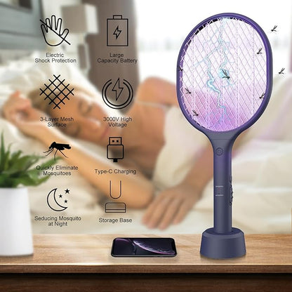 Electric Fly Swatter 2 Pack, 3000V Bug Zapper Racket Fly Zapper with 1500mAh Rechargeable Battery, Indoor Outdoor Fly Trap Mosquito Killer with 3-Layer Safety Mesh for Home, Kitchen, Patio, Camping