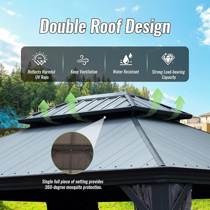 Domi 10’x12’ Hardtop Gazebo with Gutters, Outdoor Patio Gazebo Canopy with Resin & Metal Roof, Heavy Duty Permanent Pavilion for Backyard, Deck, Hot Tub, Curtains and Mosquito Netting Included
